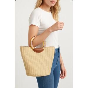Hobo Sheila Raffia Circle Handle Tote Bag Straw Woven Tortoise Ring Handles